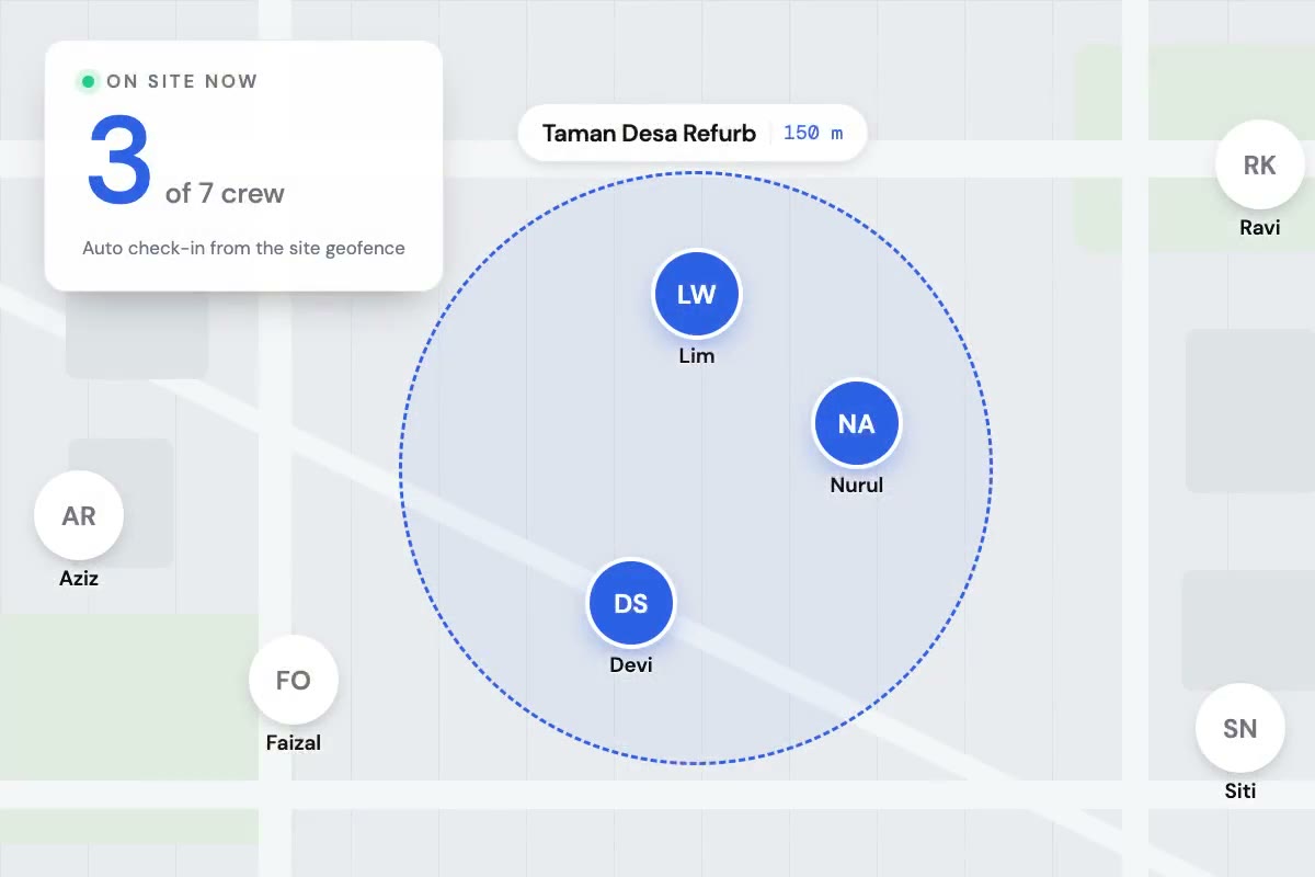 Live crew map showing who is on site inside the job geofence