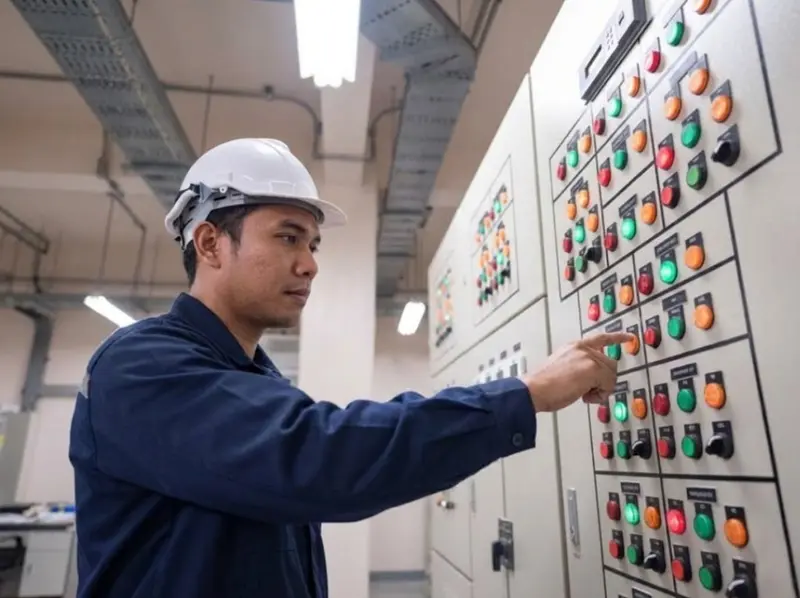 Electrical technician monitoring control panel on a Malaysian job site
