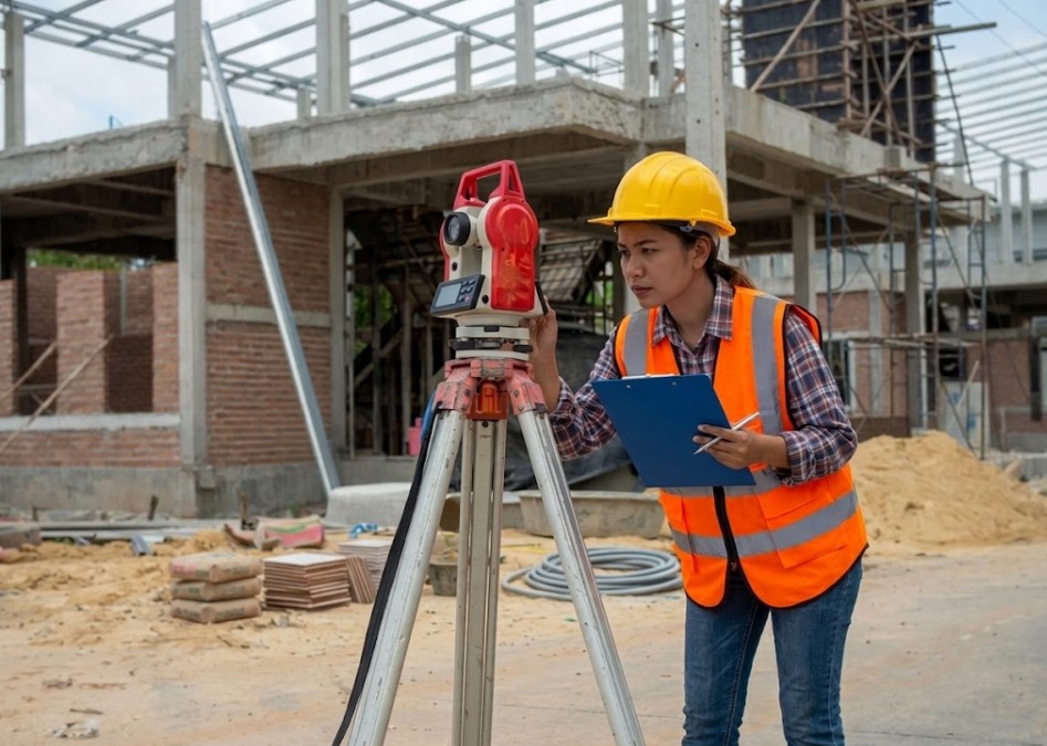 Civil engineering team with surveying equipment on an infrastructure site