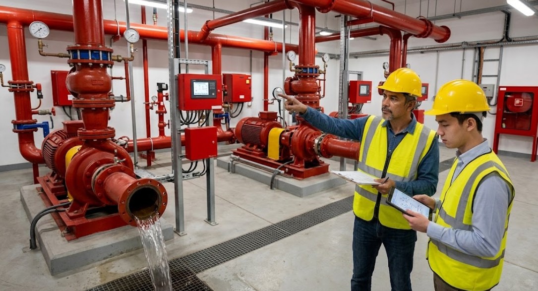 Fire protection technicians reviewing alarm panel wiring