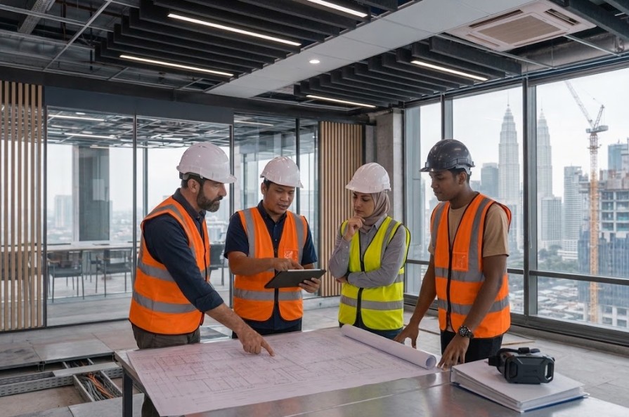 Project team reviewing blueprints with Kuala Lumpur skyline behind