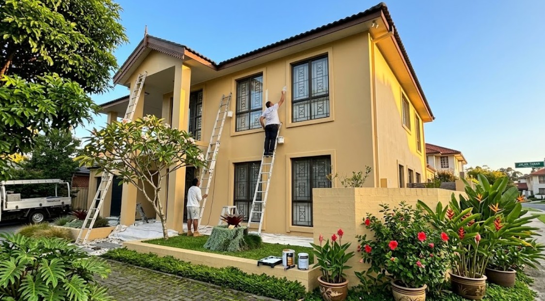 Painting contractors rolling finish on a commercial interior