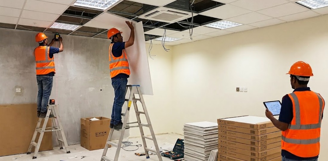 Fit-out crew installing a suspended ceiling on a Malaysian commercial project