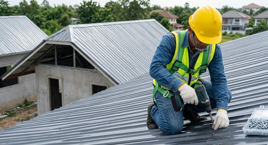 Roofer securing corrugated metal panels with safety harness