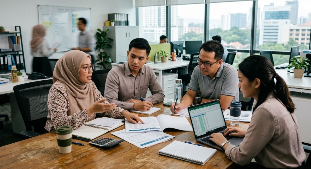 Finance team reviewing progress claims and invoice exports at a modern office