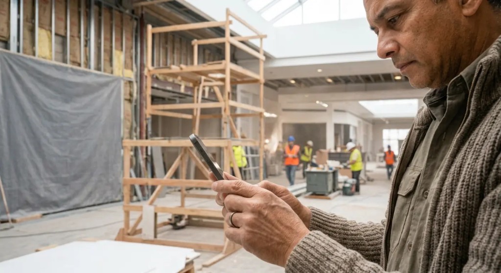 Contractor reviewing invoices on a smartphone at an active indoor construction site