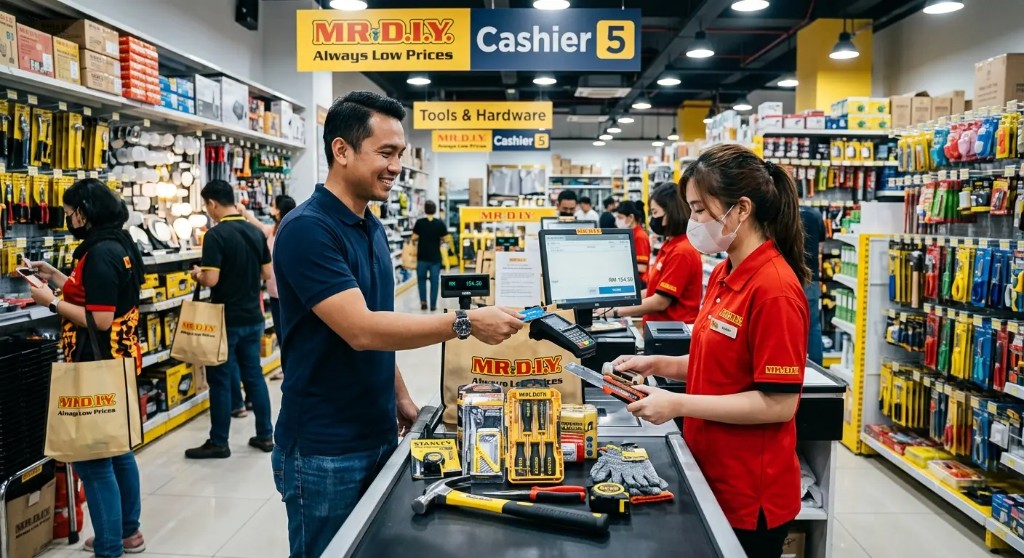 Contractor paying for hand tools and hardware at a Malaysian retail checkout counter